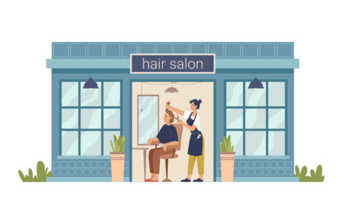 Hair salon, hairdresser cuts client woman, making stylish haircut. Vector barber beauty shop flat cartoon building. Barbershop facade exterior, entrance and shopwindow, hair cut for lady in chair